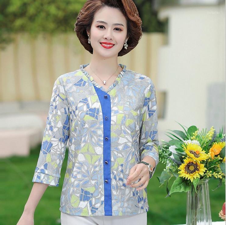 

Women's Blouses & Shirts Pullover Blouse Ruffles V-Neck Three Quarter Sleeves Summer Top Middle-Aged Mother Plus Size Printed Shirt, Yellow hx
