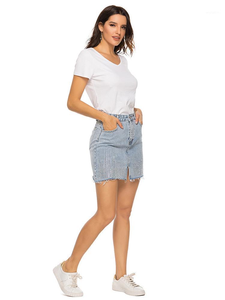 

Skirts Fashion Rhinestones Denim Skirt Women Casual Vintage Girl Summer Light Blue Hipster Streetwear