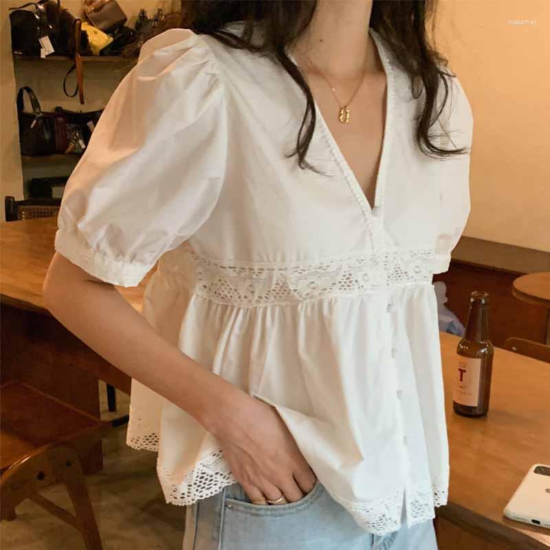 

Women's Blouses & Shirts Sweet Patchwork Lace Blouse Elegant Women Shirt Single-breasted Casual Summer Crochet Tops BlusaWomen's, Blue