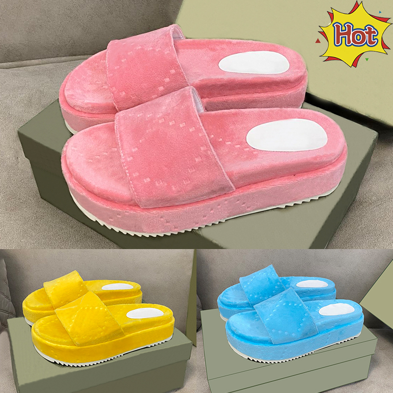 

With box Cotton Sponge Logo Embossed Platform sandals luxury men slippers women shoes black light blue dark pink yellow red 5cm sandal beach outdoor mens slides, 05 red