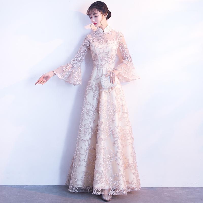 

Ethnic Clothing Champagne Bell Sleeve Oriental Style Dresses Chinese Bride Vintage Traditional Wedding Cheongsam Dress Long Qipao Plus Size