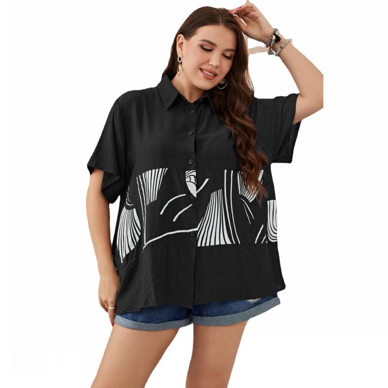 

Women's Blouses & Shirts For Women Tops Turn Down Collar Short Sleeve Blusa 2022 Fashion Print Loose Casual Summer Female Tunics, Black