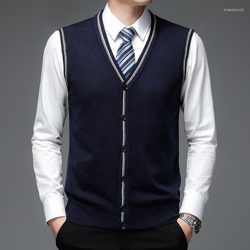 

Men's Vests Top Quality Autum Fashion Brand Solid 6% Wool Cardigan Sweater V Neck Knit Vest Men Trendy Sleeveless Casual Clothing Stra22, Black