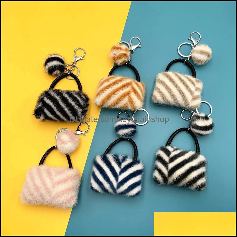 

Keychains Fashion Accessories Artificial Stripe Print Pom-Pom Coin Purse Shape Lady Mobile Phone Bag Key Ring Love P Dh7Wm