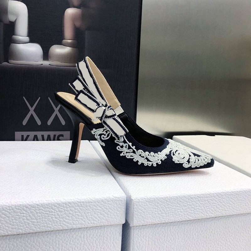 

Designer Slingback Dress Shoes Jacquard Embroidered Letters Flat 6.5 9.5cm Heels Fashion Bowties Wedding Pumps With Box, 6.5cm heel