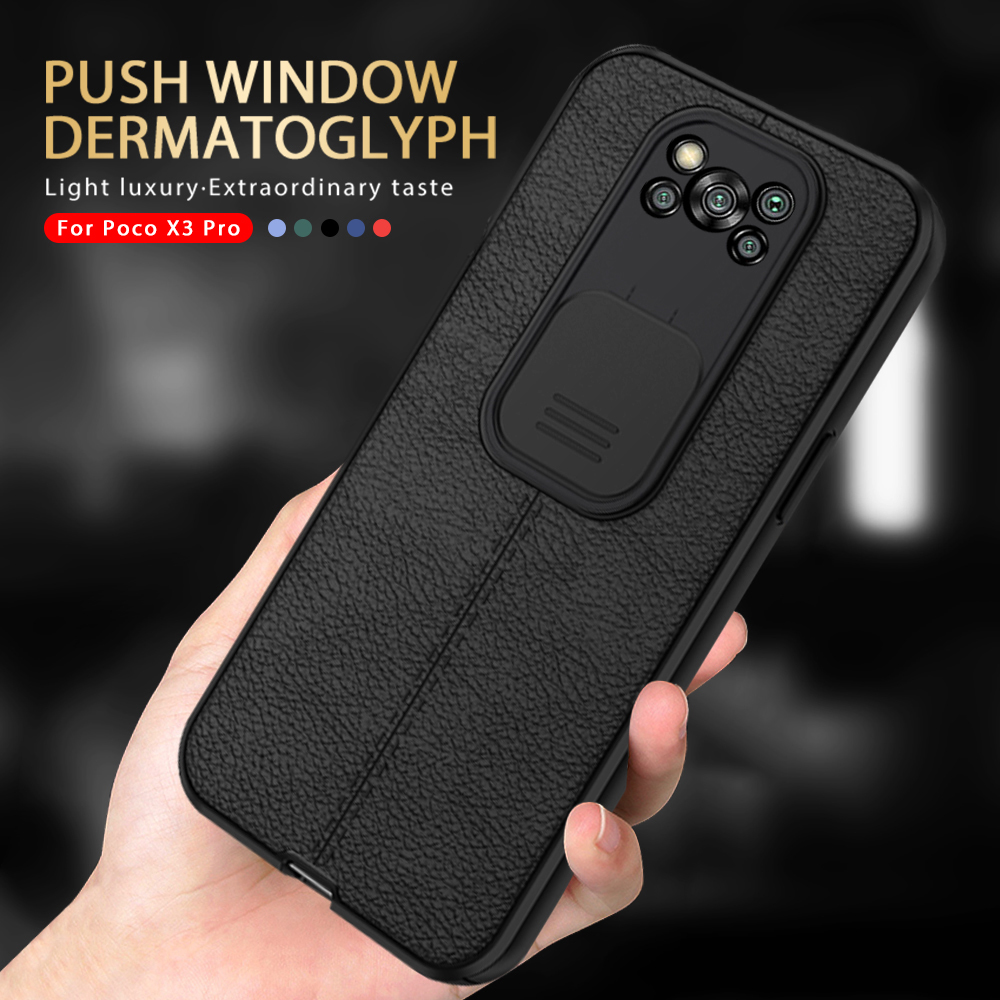

For Poco X3 Pro Case Camera Lens tect Phone Cover NFC X 3 Little Lychee Pattern Leather Silicone Coque, Black