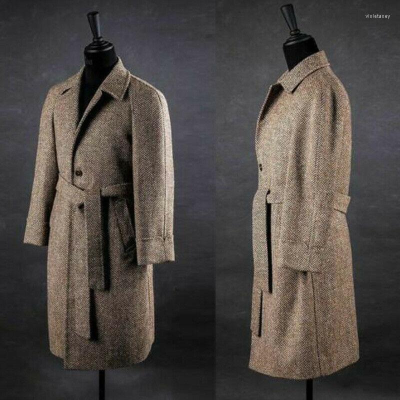 

Men's Wool & Blends Herringbone Men Overcoat Vintage Long Jacket Blend Outwear Coats With Belt Viol22, Black