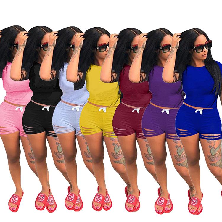 

Women' Tracksuits Summer Women Set Solid Color Slim Exposed Navel Hole Burning Flower Casual Home Sexy Shorts Two Piece LadiesWomen, Yellow