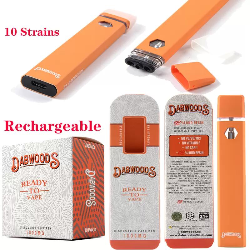 

New Dabwoods Rechargeable E Cigarette 10 strains Disposable Vape Pen 1.0ml 280mah Pod Disposables empy Oil Starter Kits USB Micro Preheating