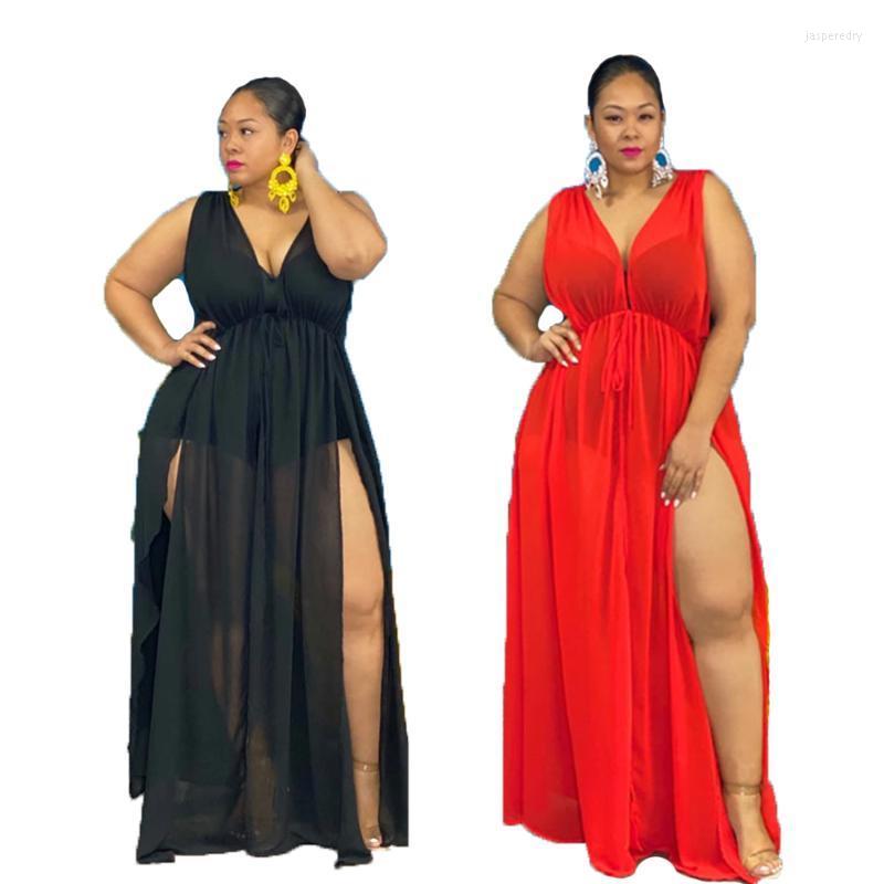 

Plus Size Dresses Women Clothes Sexy Half Open Collar Lace-up Solid Color See Through Split Fork Mesh Party Dress Wholesale DropPlus Jasp22, Black