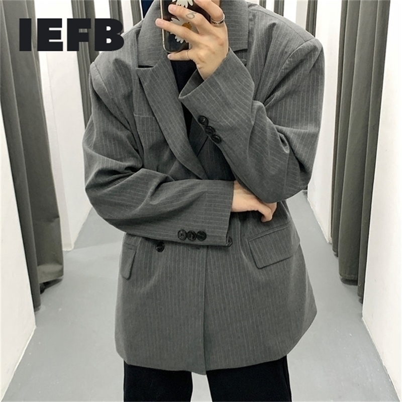 

IEFB mens wear autumn vintage Stripe casual oversize Suit for Male Loose Coat fashion Trend Handsome blazers 9Y978 201104, Gray