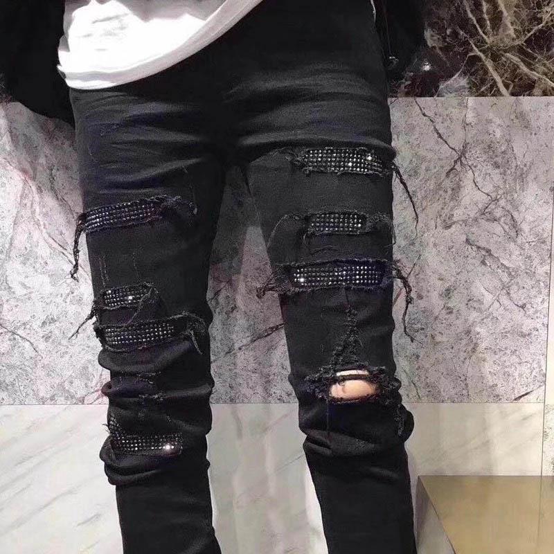 

Men's Jeans Fashion Black Rhinestone Elastic Men Vintage Slim Denim Pencil Pants High Street Frayed Ripped Hole Casual TrousersMen's