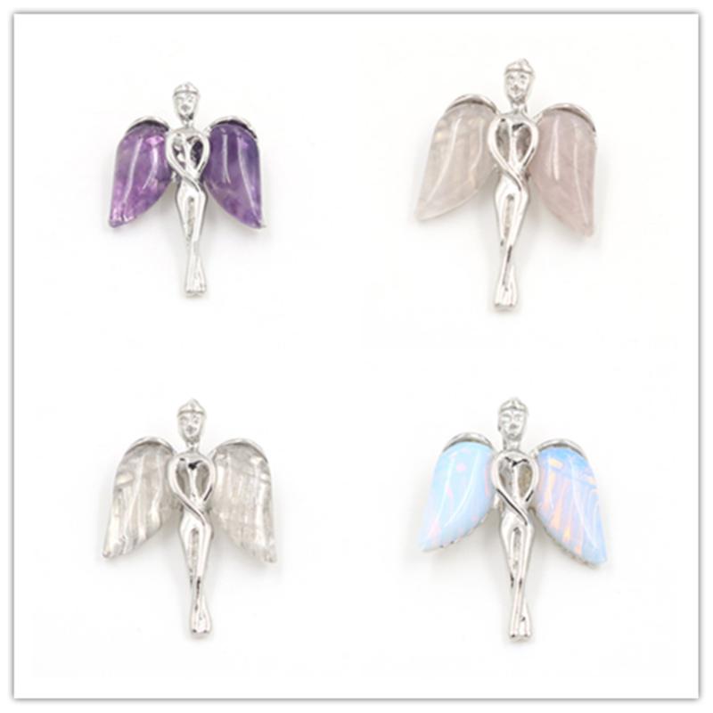 

Pendant Necklaces FYJS Unique Silver Plated Lovely Angel Wing Many Color Quartz Stone For Christmas Gift