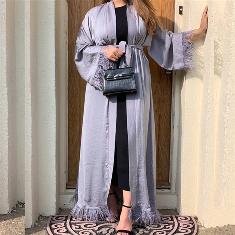 

Maxi Dress Eid Djellaba Abaya Dubai Shiny Soft Silky Muslim Abaya Feather Stitching Muslim Dress Islam Abayas With Belt WY85 220607
