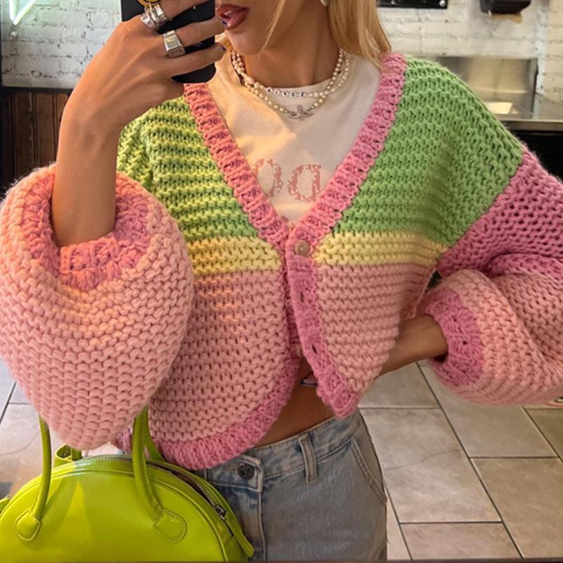 

Women' Knits & Tees Women Fall Spring Cardigan Contrast Color V Neck Long Puff Sleeve Button Down Sweater Knitwear Outwear Tops Casual Stre, Pink