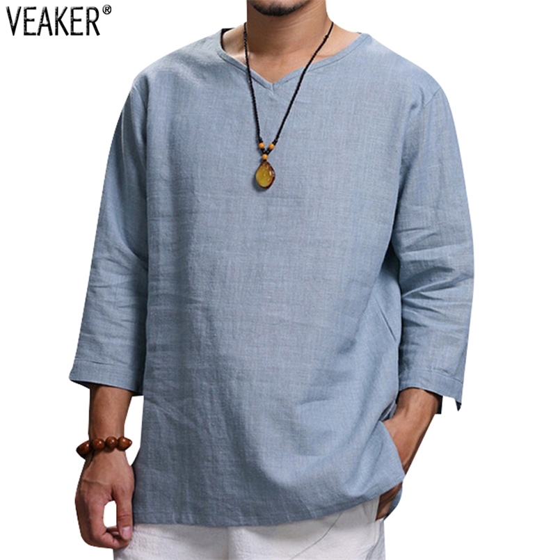 

Mens V Neck Cotton T Shirts Male Breathable Solid Color Long Sleeve Casual Loose Linen TShirt Tops M4XL 220728, Black