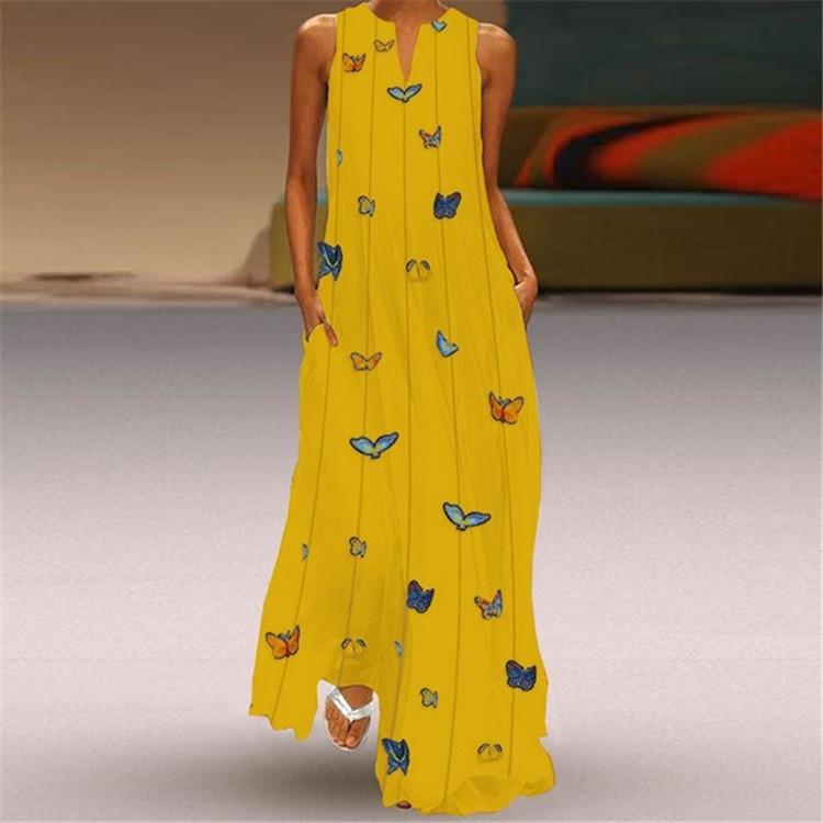 

Casual Dresses Sleeveless Yellow Dress Summer Beach Elegant Breathable Long Woman V Neck Print Women' 2022Casual, Style 1