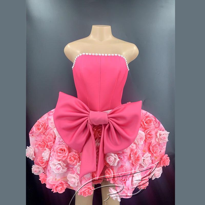 

Stage Wear Cute Pink Rose Shape Short Dress Women Sleeveless Bownot Birthday Celebrate Outfit Nightclub Dance Costume XS1094Stage, 1 pc dress