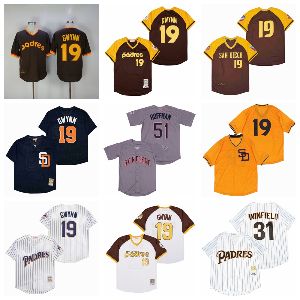 

Throwback 1946 1978 1979 1982 Baseball 19 Tony Gwynn Jersey Vintage 31 Dave Winfield 51 Trevor Hoffman Navy Blue Brown Yellow Grey White Pinstripe Pullover Cool Base