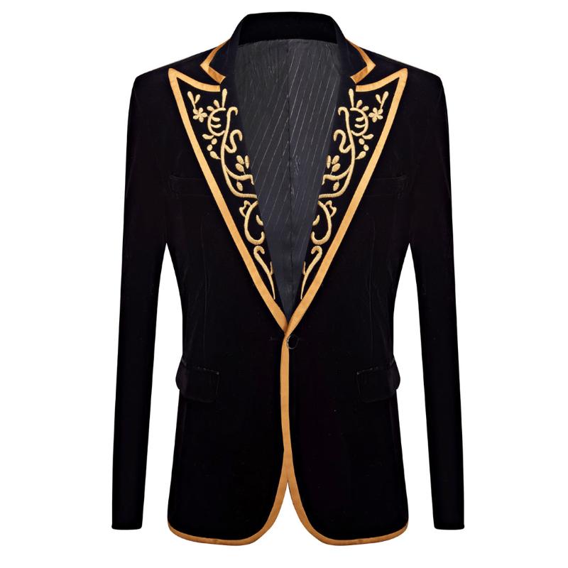 

Men's Trench Coats Mens Stylish Court Prince Black Velvet Gold Embroidery Blazer Suit Jacket Party Dinner Prom Wedding Stage Singer Costume