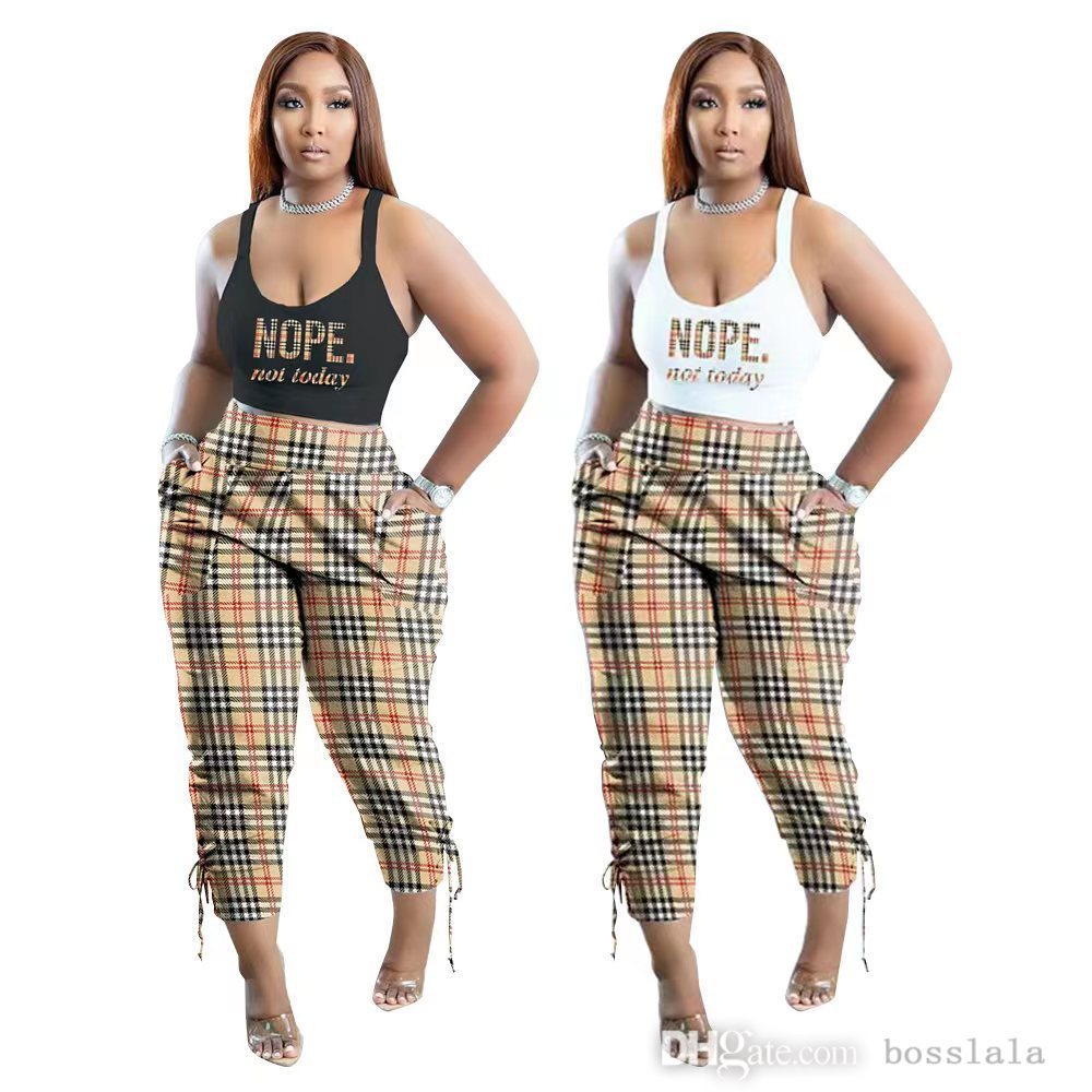 

Designer Women Clothes Fashion Plaid Print Two Piece Pants Set Casual Large Suit 5XL Summer Outfits Streetwear, Black