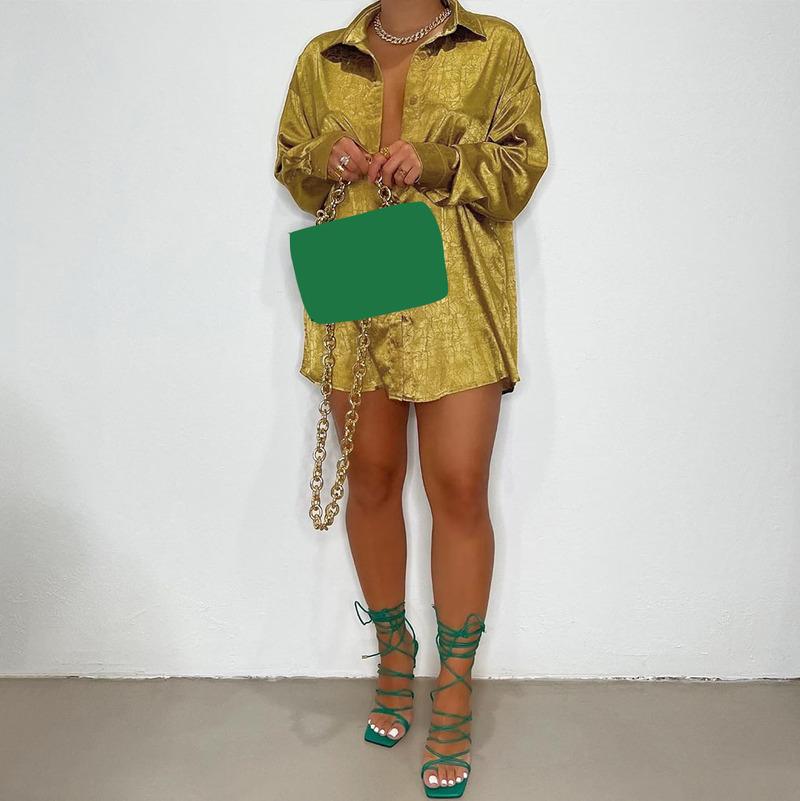 

Women' Blouses & Shirts Jacquard Long Sleeve Turn-down Neck Shirt Dress 2022 Summer Elegant Slim Streetwear Blouse Women DressesWomen, Gold