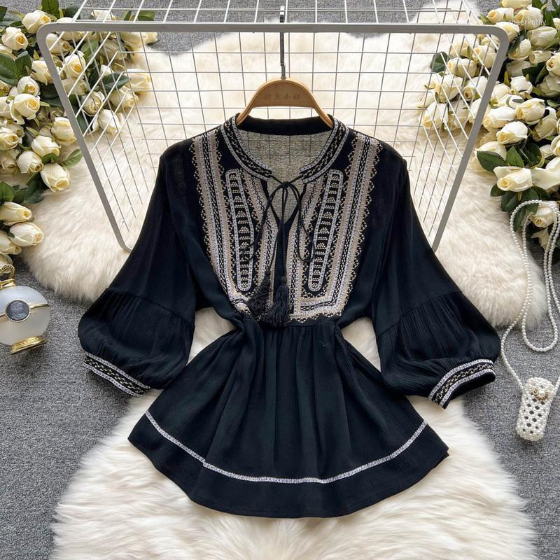 

Women's Blouses & Shirts White Black Loose Cotton Linen Lantern Sleeve Women 2022 Summer Embroidery Casual Bow Tie Neck Shirt Lady TopsWomen