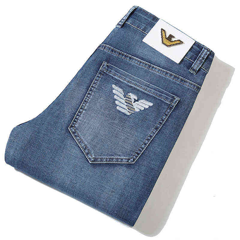 Brand Big Summer Thin Jeans Men's Washed Light Blue Busin Casual Straight Long Pants Fashion Embroidery