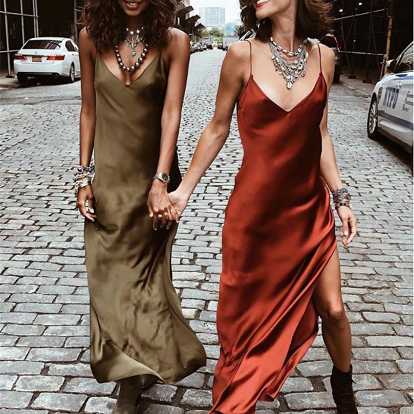 Insta Sexy Satin V Neck Maxi Dress Women Spaghetti Strap Sleeveless Backless Side Split Long Dresses Spring Lady Vestido 220527