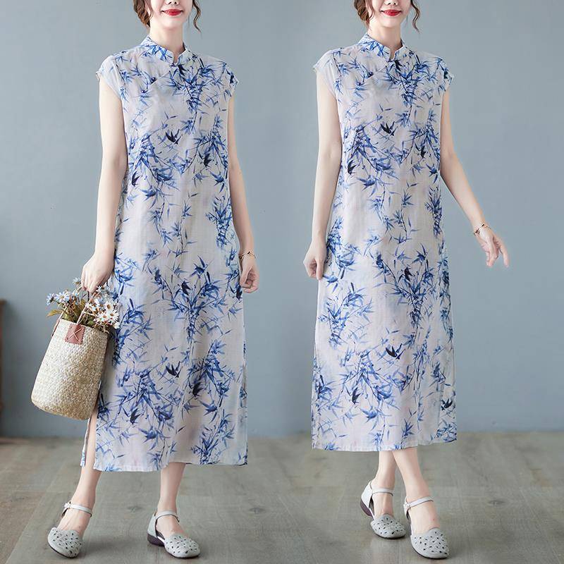 

Arrival Thin Soft Short Sleeve Loose Summer Dress Print Floral Beading Vintage Chinese Style Women Casual, Color1