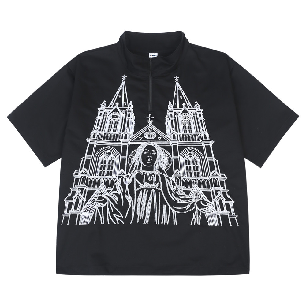 

Pattern Embroidery Short Sleeve Shirt Mens Summer Loose Pullover Stand Collar Shirts High Street Casual Half-Sleeve Top, Black