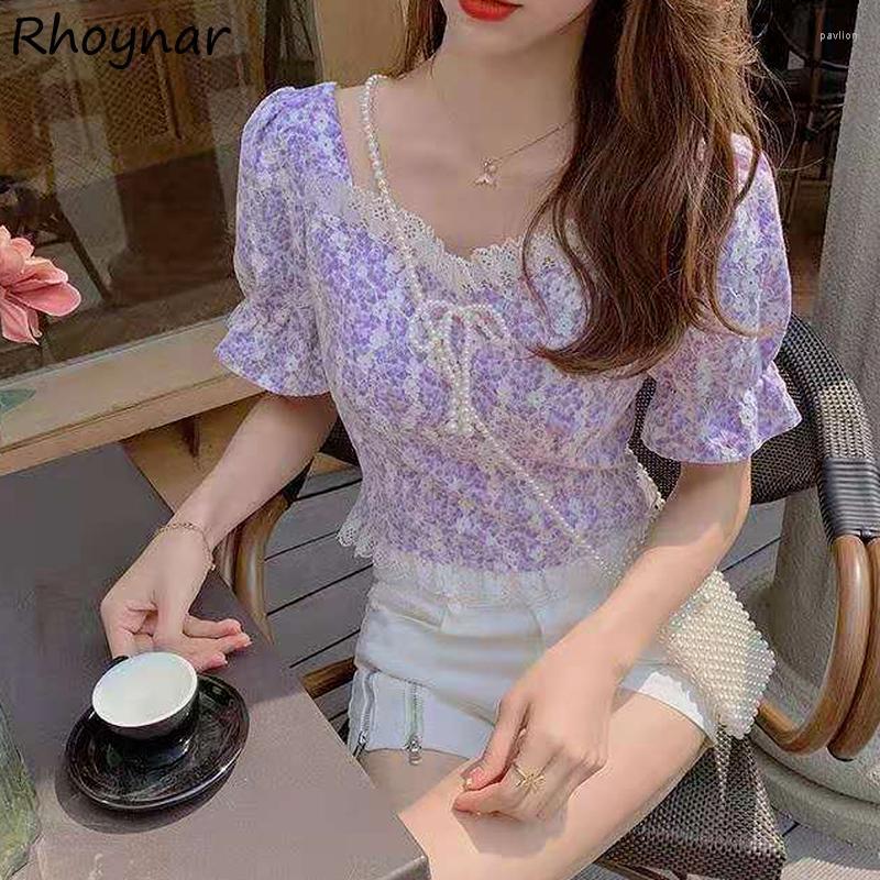 

Women' Blouses & Shirts Women Summer Japanese Lace Floral Sweet Girlish Holiday Cropped Cozy Loose Casual Stylish Street Square Collar, Purple