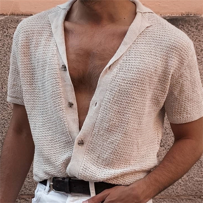 

Gentleman Solid Knitted Cardigan Polo Shirts Spring Summer Men's Poloshirt Short Sleeve Sexy V Neck Buttons Cotton Clothing 220402, Khaki