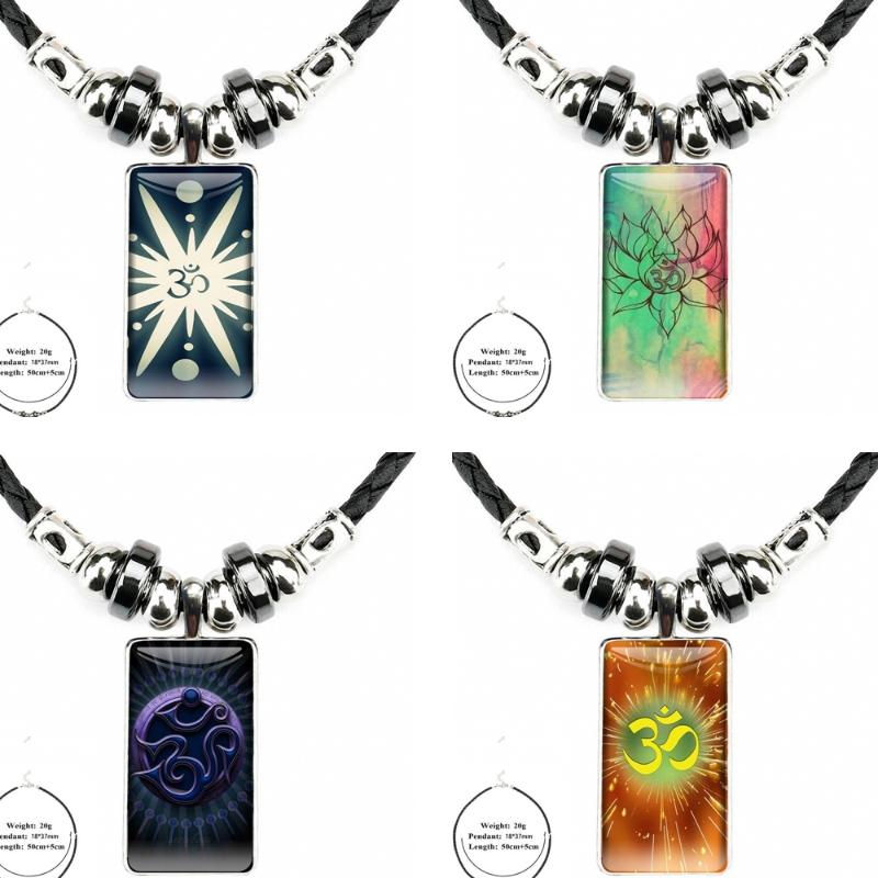 

Pendant Necklaces For Women Wedding Gift Fashionable Om Aum Glass Necklace Handmade Half Rectangle