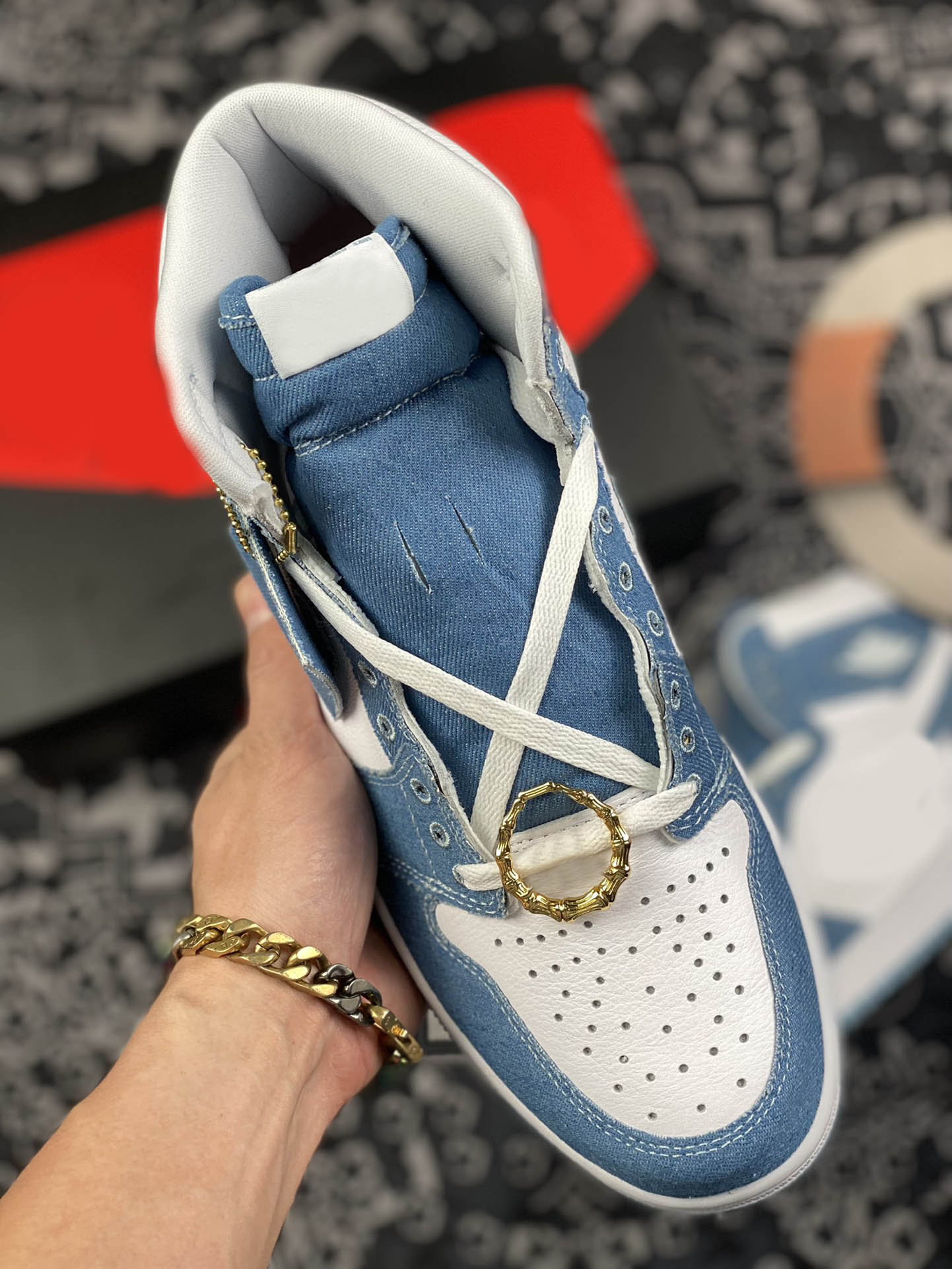 

Shoes Air Authentic 1 High OG WMNS Denim White Worn Blue Metallic Gold 1S Sneakers Retro Outdoor Men Women Sports, Customize