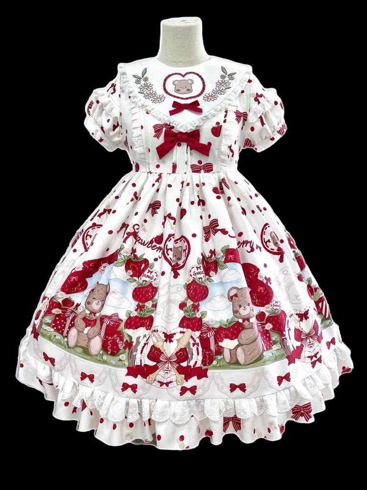

Party Dresses Japanese Kawaii Lolita Style Cartoon Bear Print Princess Dress Women Cute Bow Strawberry Girly Sweet Mini VestidosParty, Petticoat