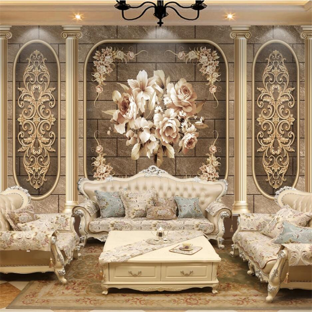 

Custom wallpaper 3d European luxury art classic flower living room bedroom TV background wall painting, Brown