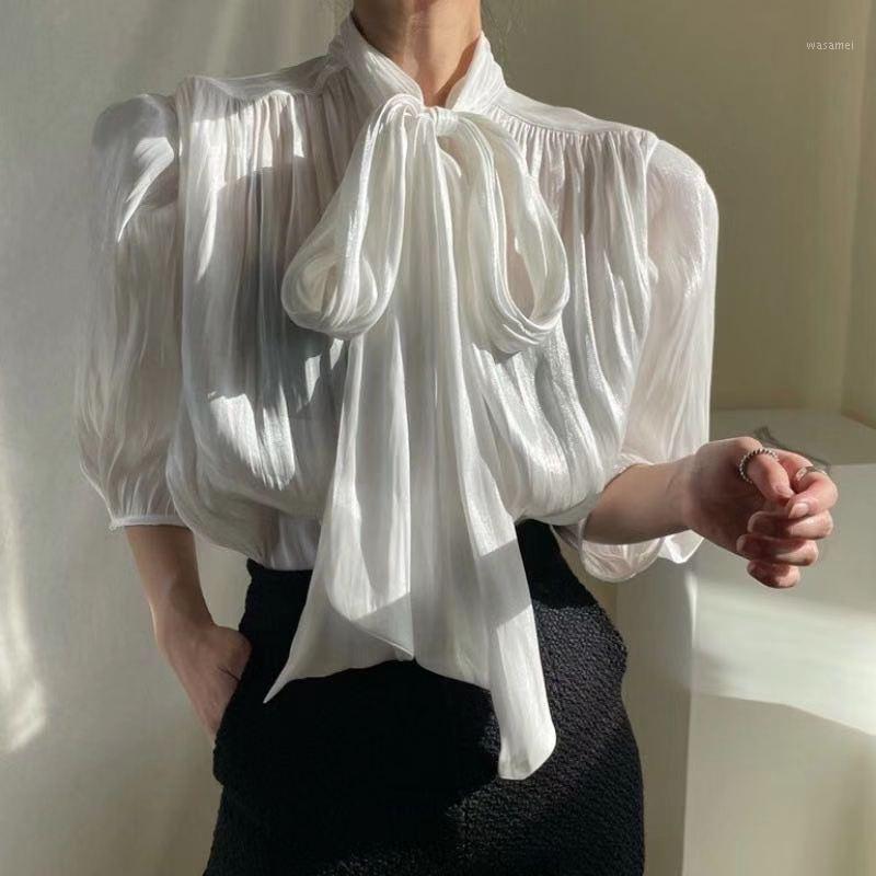 

Sexy Through Lace Up Bow Design Stand Collar Blouse Women Office Lady Puff Long Sleeve Solid Loose Shirt 2022 Spring Blusas Men's Casual Shi, Pink