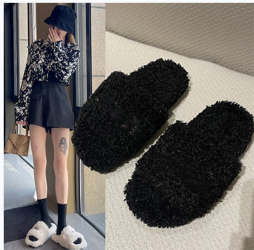 

New Winter Women House Furry Slippers Fashion Faux Fur Warm Shoes Slip On Flats Female Home Slides Black Plush Indoor