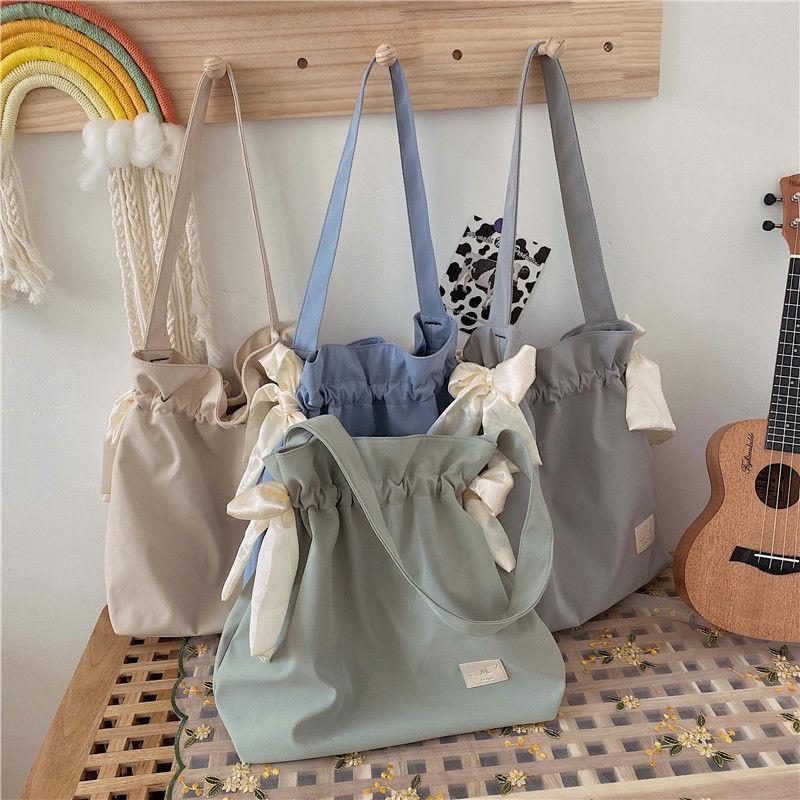 

Evening Bags Women Waterproof Nylon Large Capacity Shoulder Bag Female Bowknot Storage Beach Solid Color Tote Student, Blue