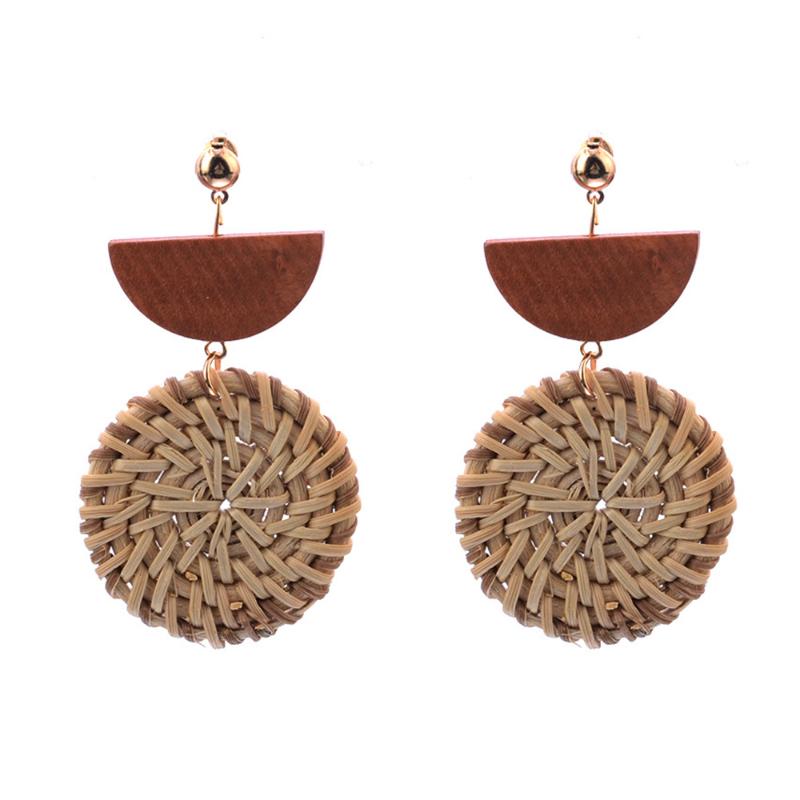 

Clip-on & Screw Back Fashion National Semicircle Wooden Retro Temperament Rattan Hand-woven Pendant Personality Drop Earrings For WomenClip-