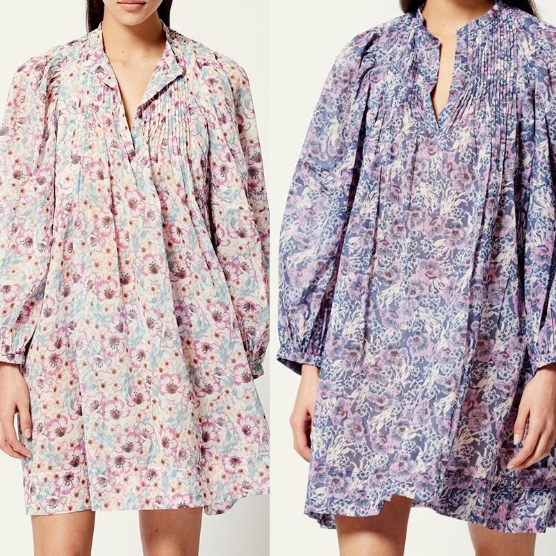 

Casual Dresses Vintage Flower Print Ladies Dress V-neck Long Sleeve Loose Women Mini For HolidayCasual, Pink-a