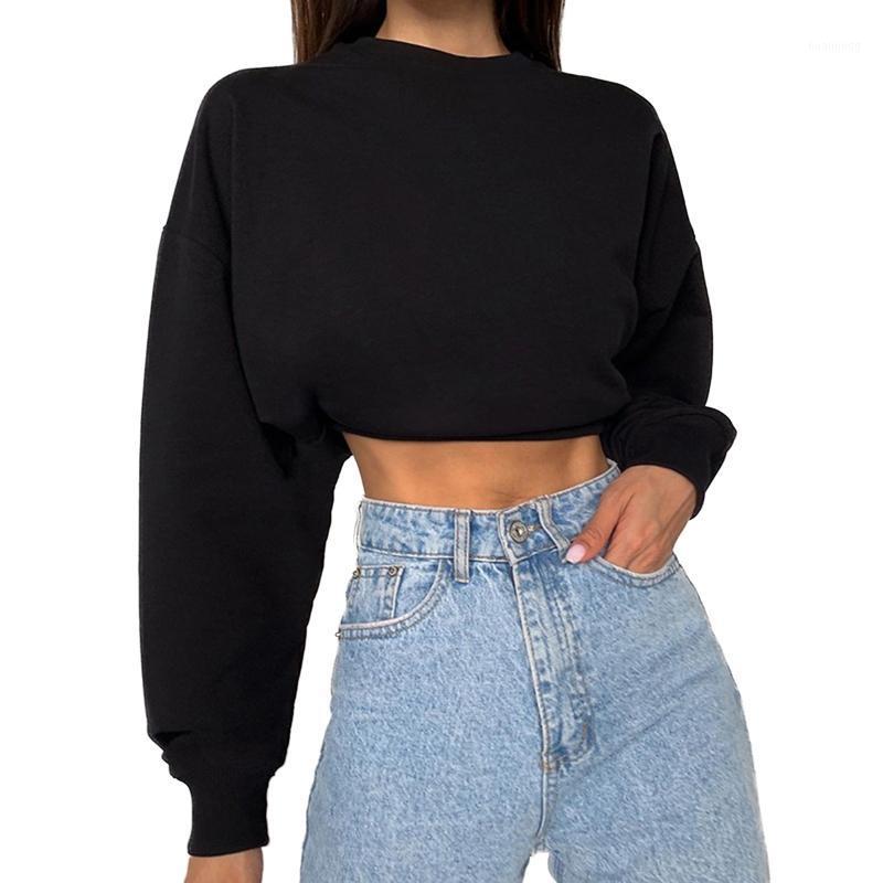 

Women's Hoodies & Sweatshirts Women Long Sleeve O-Neck Sweatshirt Bright Solid Color Oversized Loose Crop Top Harajuku Basic Pullover Street, Black