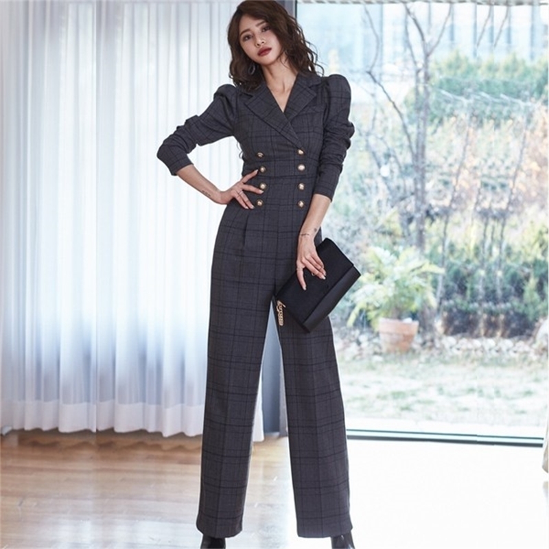 

Womens Spring Women Elegant Office OL Notched Long Sleeve Lady Jumpsuits Casual High Waist Plaid Rompers 210526, Photo color