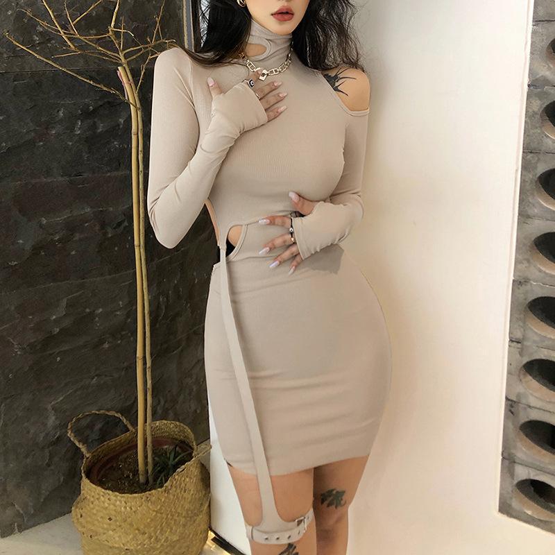 

Casual Dresses ArtsuKnitted Mini Dress Women Autumn Elegant Sense Of Design Waist Cut Out Lady Hollow High Street Bodycon, Khaki