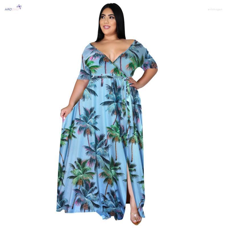 

Plus Size Dresses Women Clothing 2022 Autumn Bohemian Beach Print Large Swing Long Dress Casual V-neck Split Short Sleeve Echm22, D1100