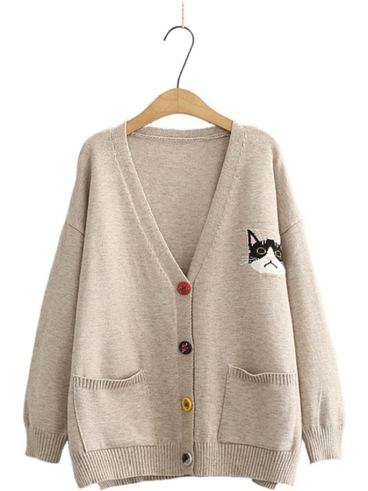 

Women Cardigans Cartoon Cat Embroidery Casual Knitted Sweater Winter Long Sleeve V-neck Multicolor Button Preppy Style Top, Gray