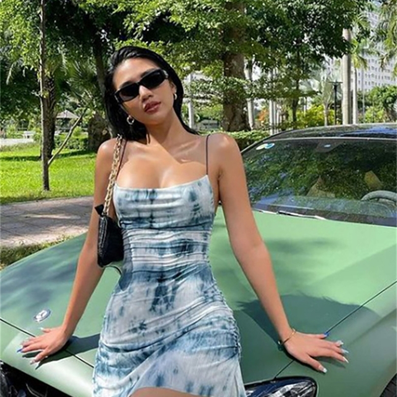 

Yiallen Summer Fashion Knitting Sling Dress Women Sleeveless Sexy Side Drawstring Casual Printing Lady Street Slim MIni Dresses 220613, White