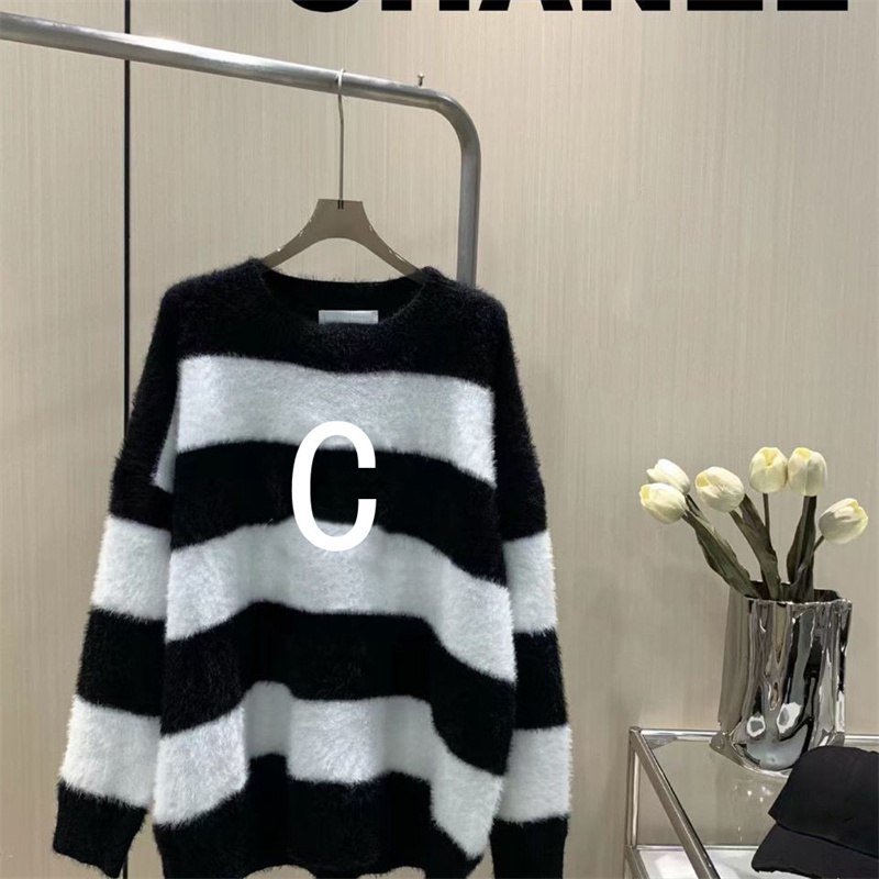 

Women' Sweaters Casual Mink Cashmere Stripe Loose Long Sleeve Jumper Autumn Fashion Outwear Big Classic Letter Pattern, Black(