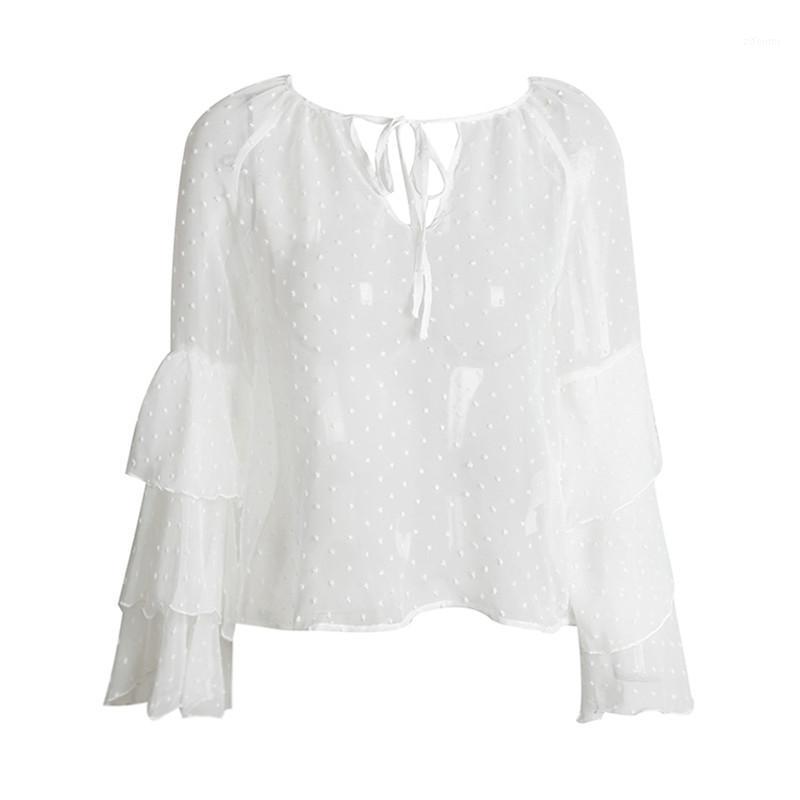 

Women' Blouses & Shirts Sexy Chiffon Blouse Shirt Women Tops Summer Ruffle Chemise Femme Lace Up Long Sleeve Blusas Camisa Female, White